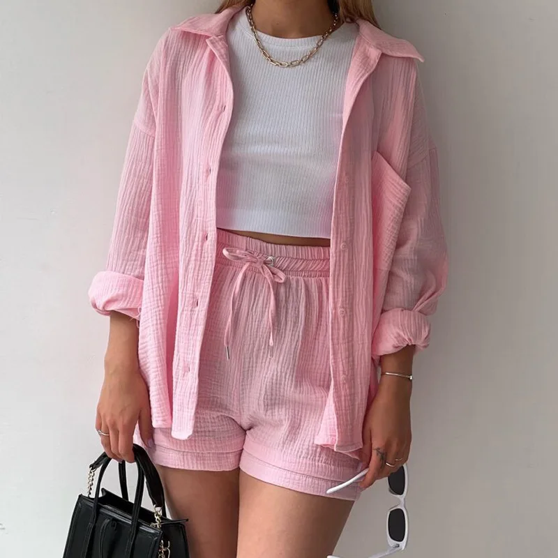 Spring Wrinkle Polo Long Sleeve Shirt High Waist Drawstring Shorts Large Fashion Casual Shorts Set Women