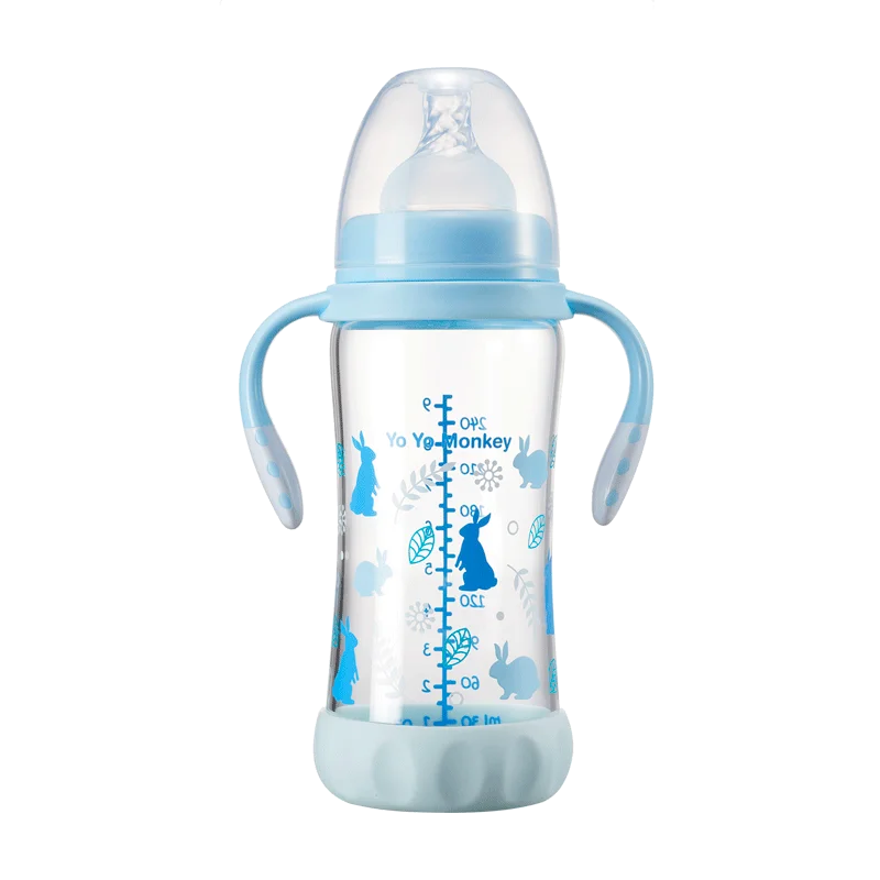 China Manufacturer BPA free wide mouth baby borosilicate glass milk bottle with silicone boots and detachable handle 280ML