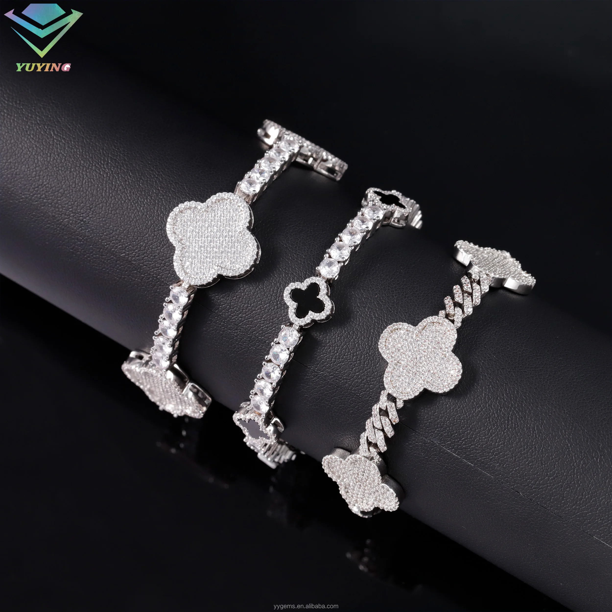 Yu Ying four leaf clover agate with vvs moissanite Bracelet S925 Silver Moissanite Cuban link Chain Bracelet Jewelry