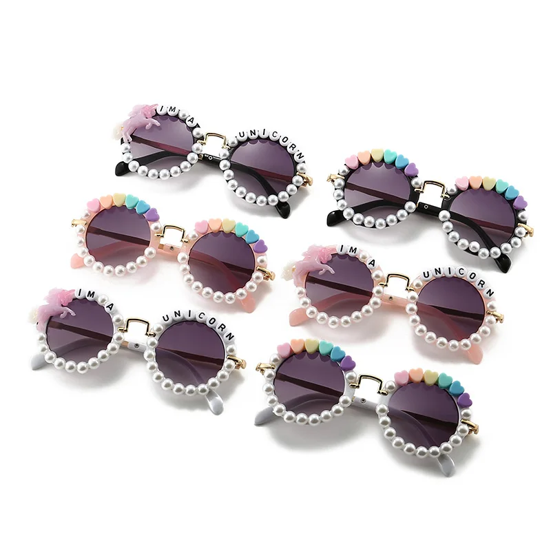 Creative DIY Fun Round Full Frame Sunglasses Girls Kids Fashionable UV Blue/Brown Lenses Black Plastic Lovely Design Logo Lenses