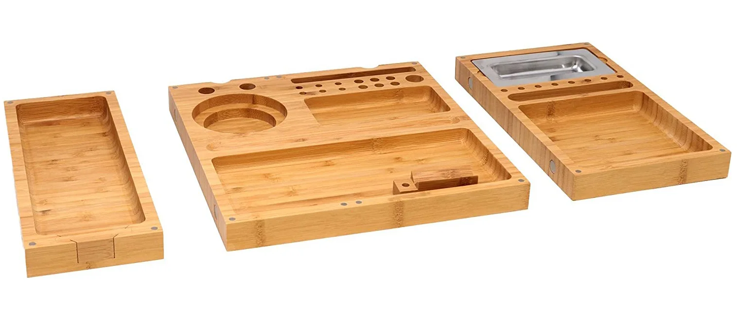 Foldable Bamboo Magnet Rolling Tray, Built-in Ashtray for Cigarette