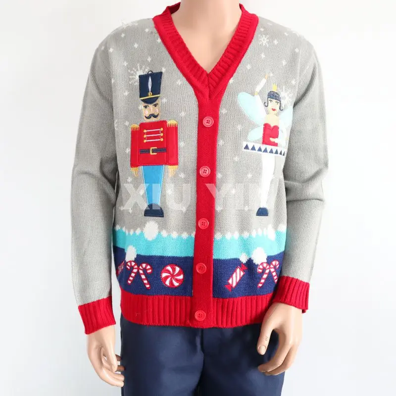 
2021 ugly Christmas knit sweater embroidery jacquard cardigan with buttons winter knit costume Funny Christmas gift 