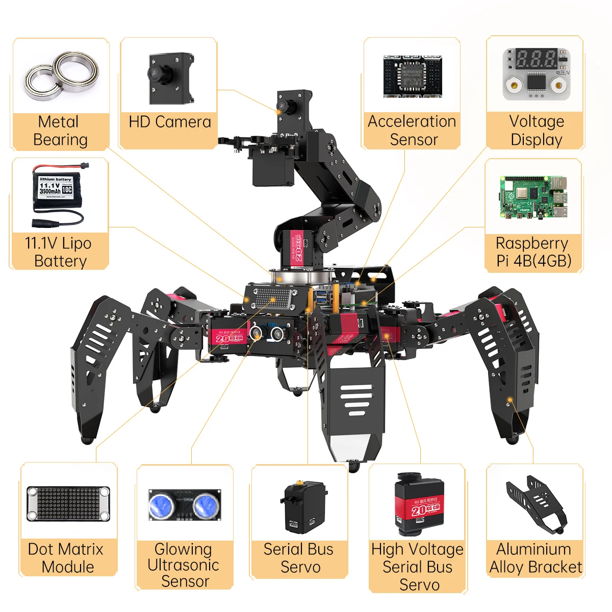 Hiwonder SpiderPi Pro Hexapod Robot with AI Vision Robotic Arm AI 6-Leg Robot Powered by Raspberry Pi 4B 4GB