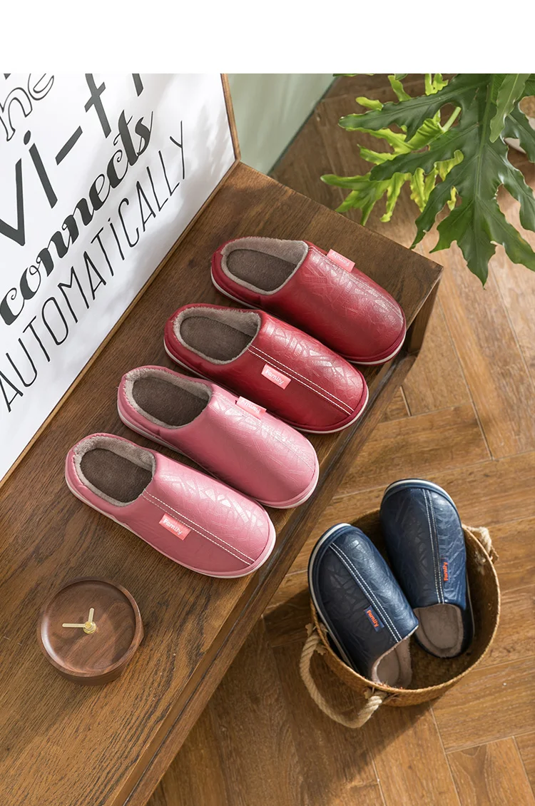 
Home slippers for men Large size Indoor slippers men PU Leather Waterproof Male slippers Winter Plush Warm 