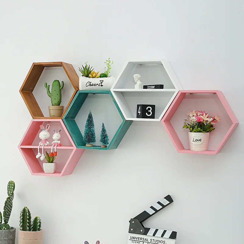 Triangular Home Decor Geometric Hanging Storage Shelf Wooden Metal Iron Art Fhexagonal Floating Shelves Wall Mounted Set of 6/