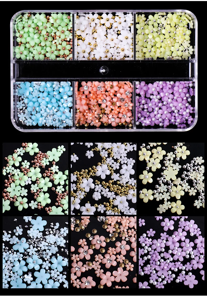 New design 6 grid five petal resin flower Mixed 3D Acrylic Flower nail Charms For Nails decoration