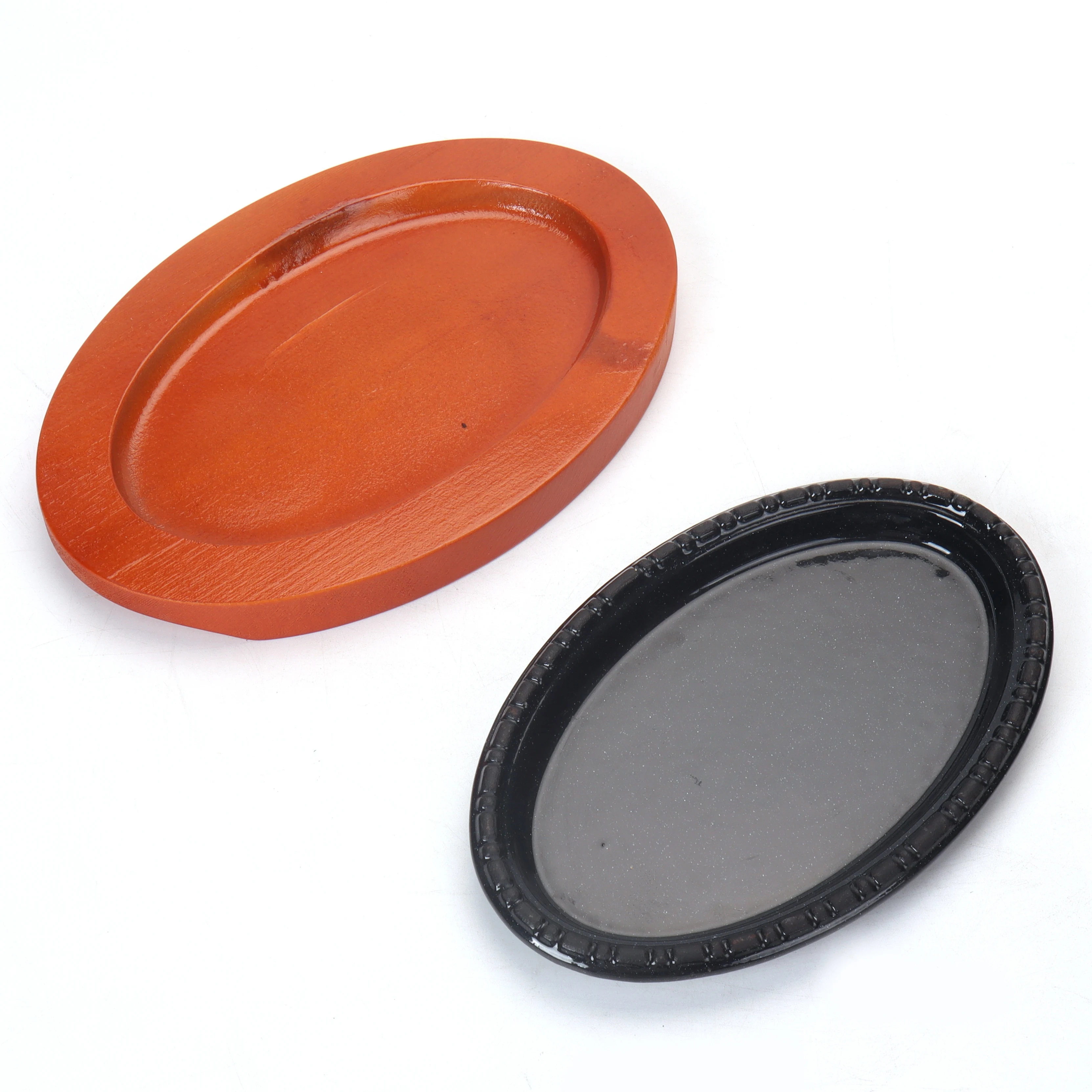 Cast Iron Oval Sizzler Sets Hot Serving Dish Steak Frying BBQ Roasting Baking Mini Grill Plate With Wooden Tray