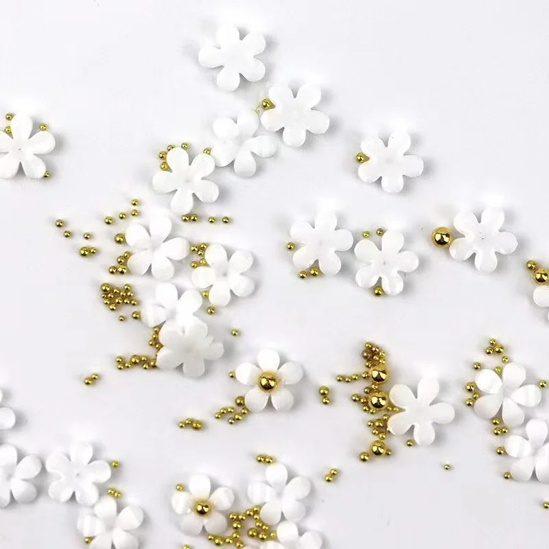 Mixed White Petals Gold Beads Nail Charms Decoration Nail Art Accessary Rhinestone