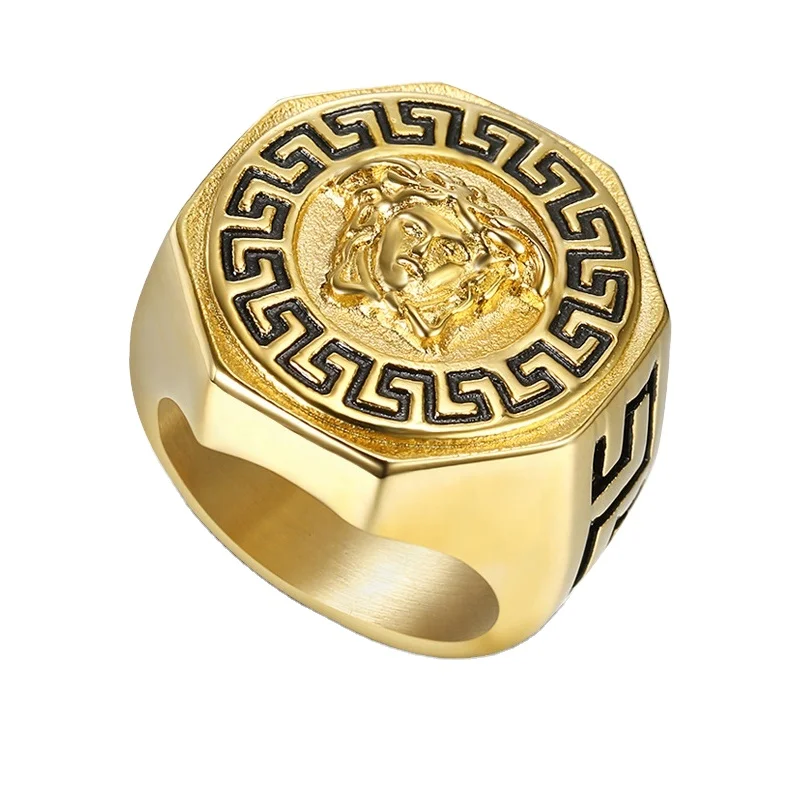 Customized European American hip-hop style Ancient Greek Mythology gold-plated stainless steel Medusa Rings vintage Men jewelry