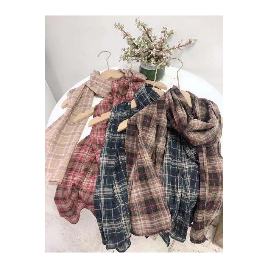 Ready to Ship Korea Japan Hot Sale Tartan Scarf Neck Wrap 100% Cotton Scarf