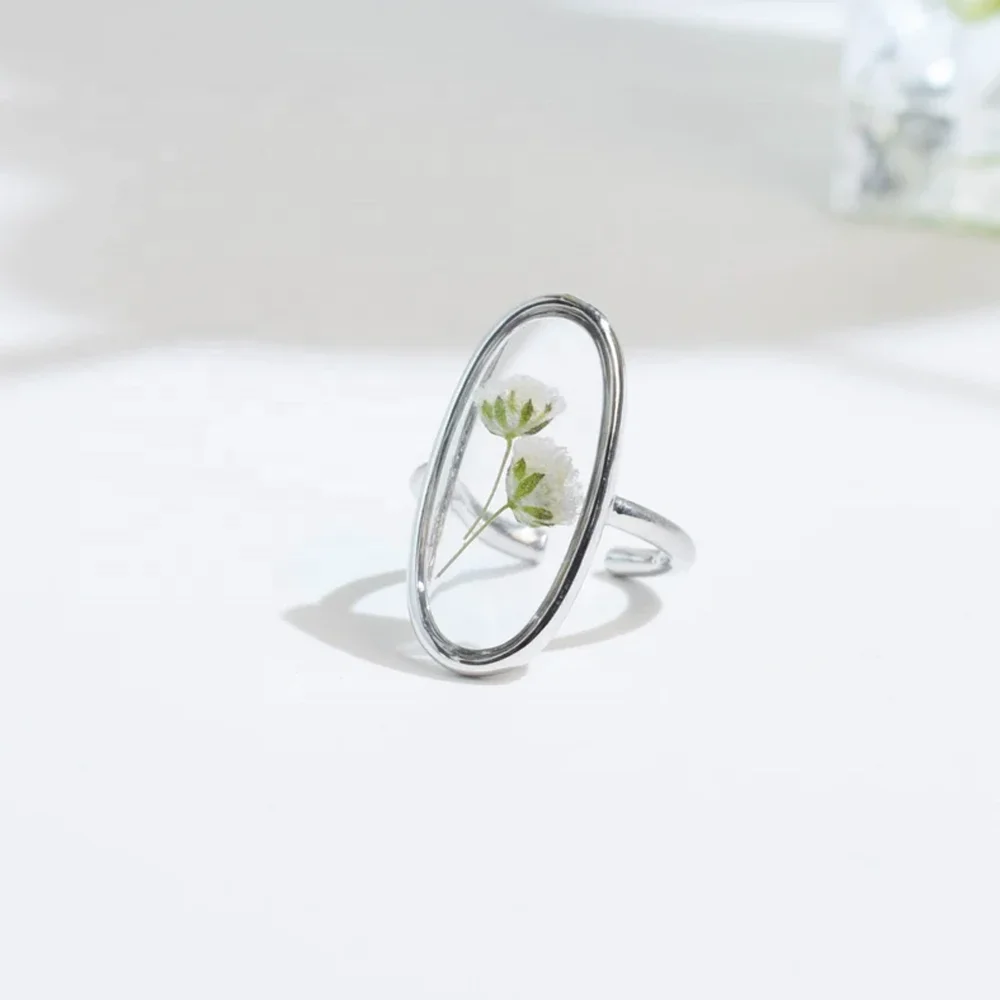Wholesale factory price classic flower jewelry 925 silver gold real flower Elliptical resin rings