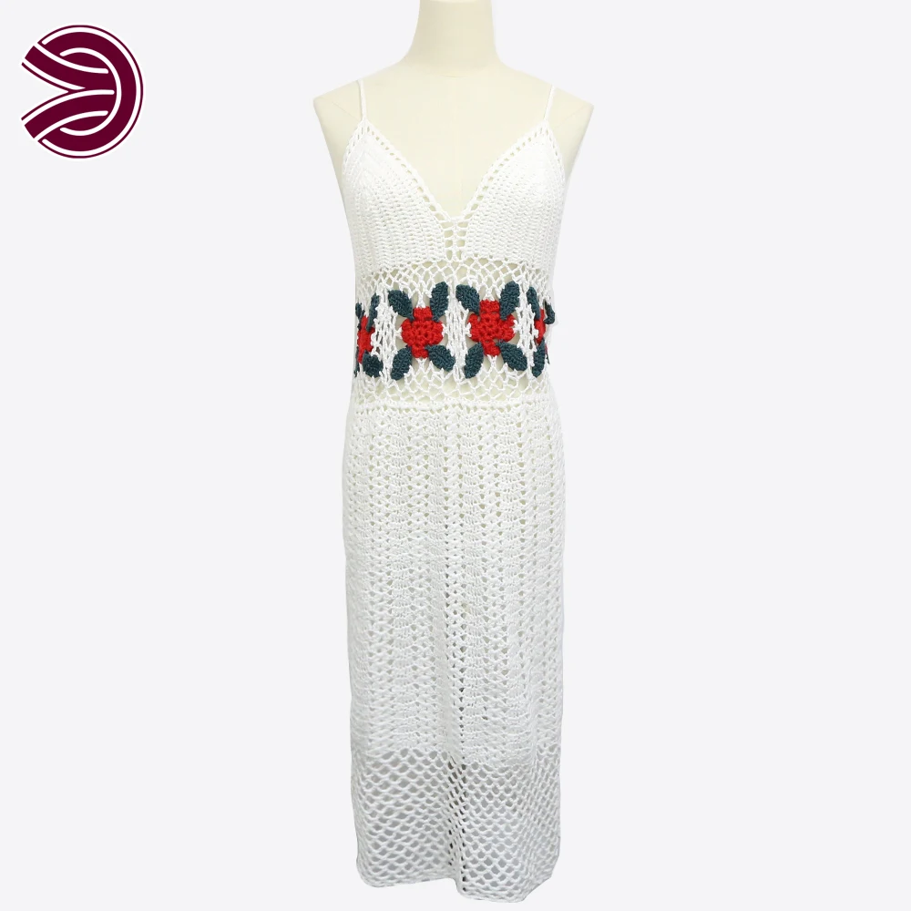 High End Ccustom Flower Pattern Long White Open Back Handmade Slip Knitwear Crochet Fancy Dress Woman