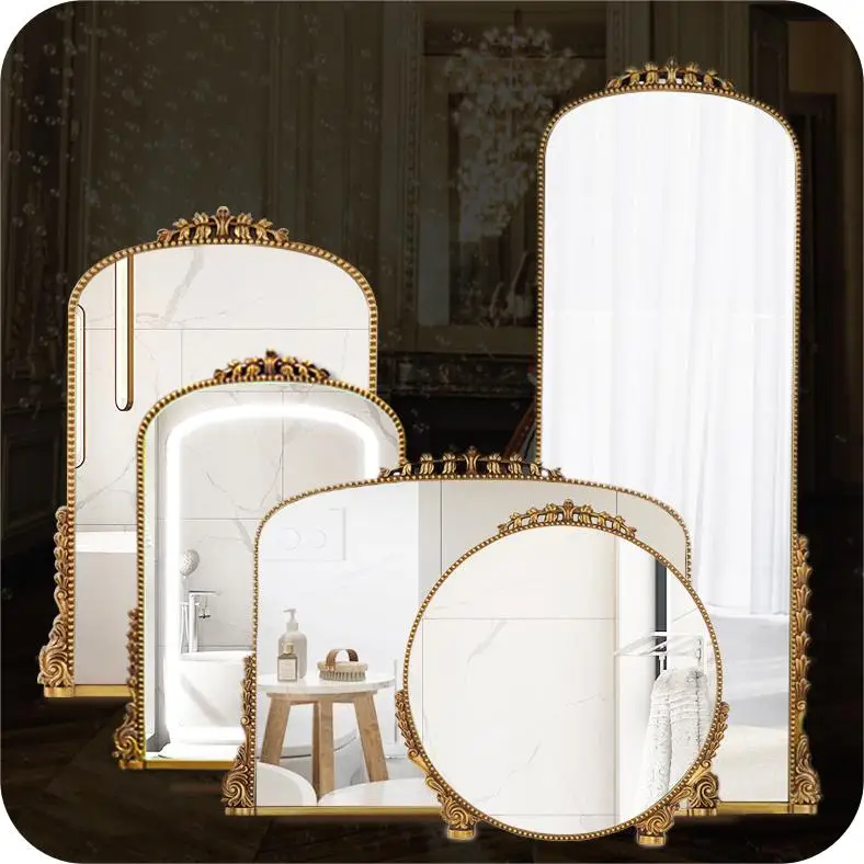 Customized vintage geometry wall decor frame arched gold charging makeup vanity mirror with LED lights for living room bathroom