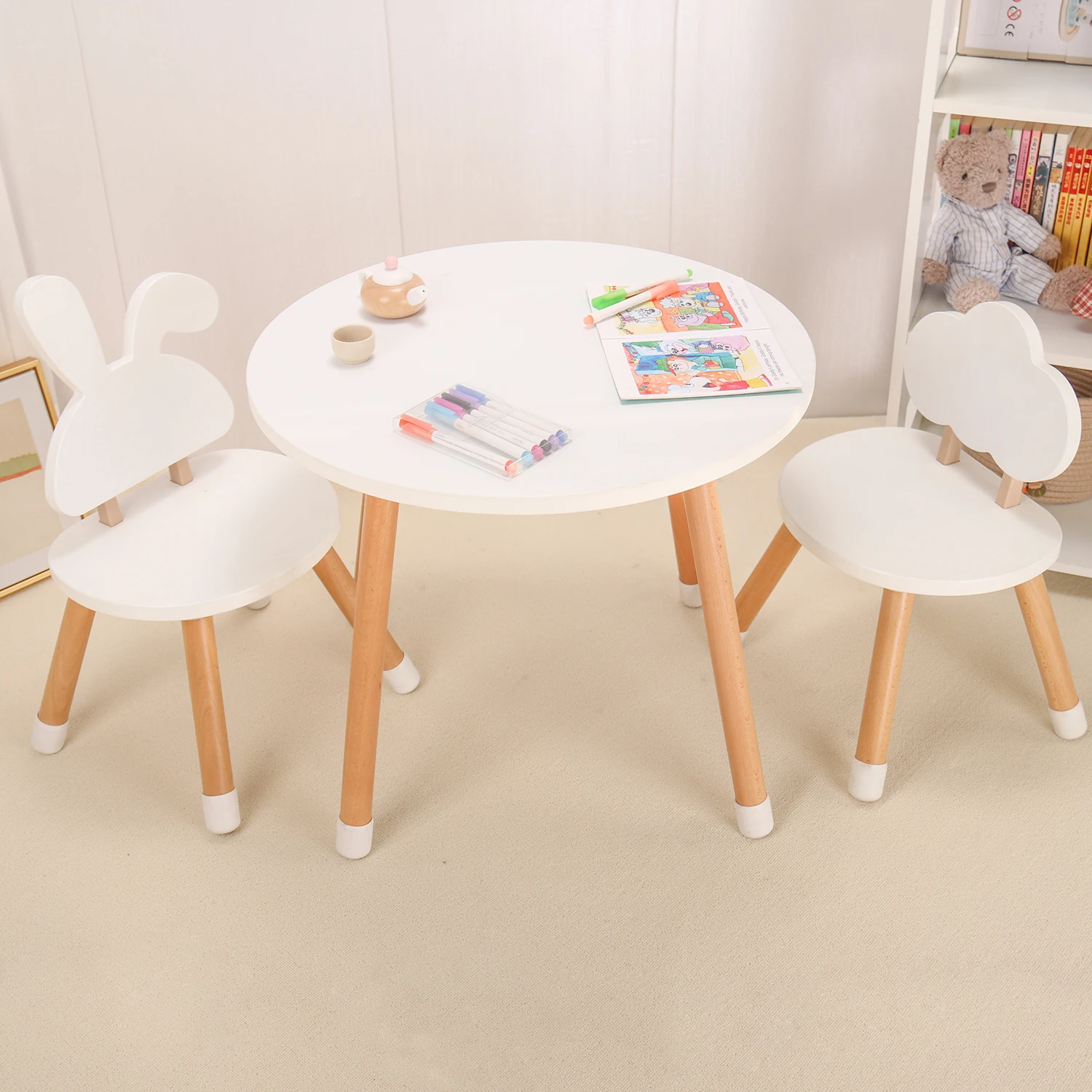 Montessori Furniture Wood Kids Circle Table and Chair Set Child Study Table White School Furniture Set Student Desk and Chair