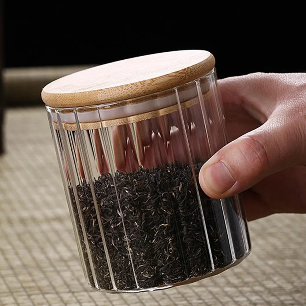 Vertical Grain High Borosilicate Glass Storage Jar with Bamboo Lid and Copper Ring Handle Glass Container Jar