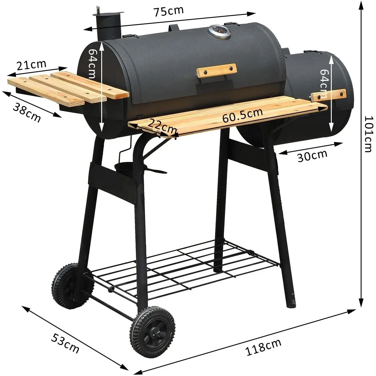 Backyard heavy duty metal barrel Charcoal BBQ Grill and Offset Smoker Trolley