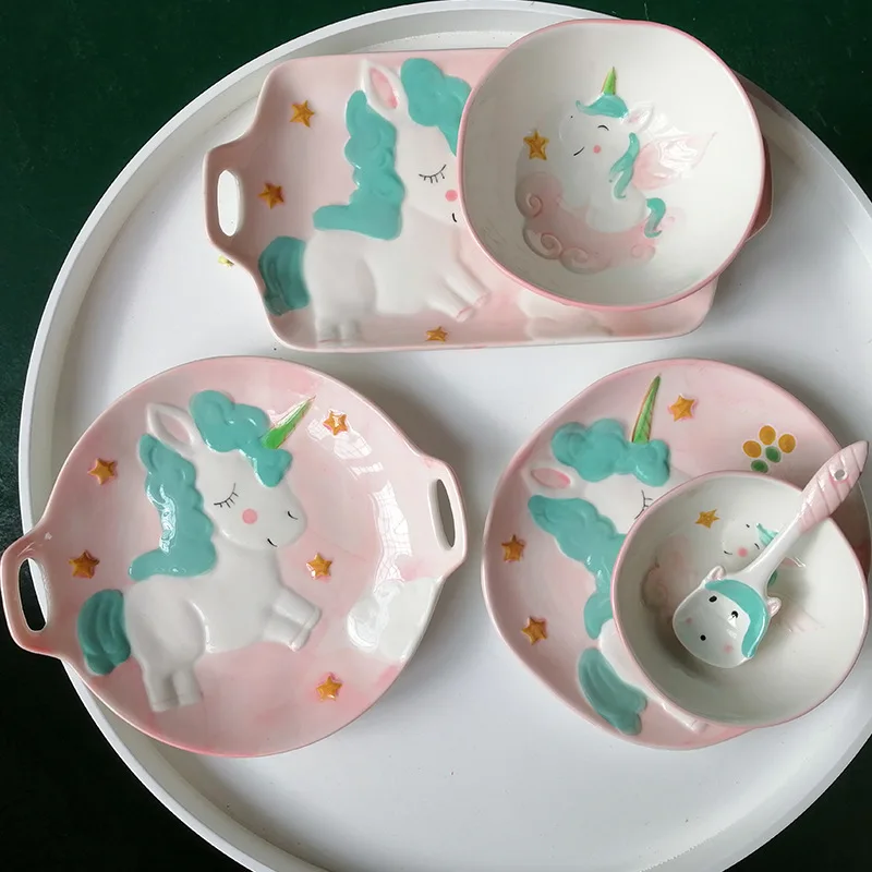 Мультяшные тарелки для столовой посуды, креативный набор керамической посуды с ручной росписью, единорог, миска для риса, ложка, тарелка, бытовые столовые приборы