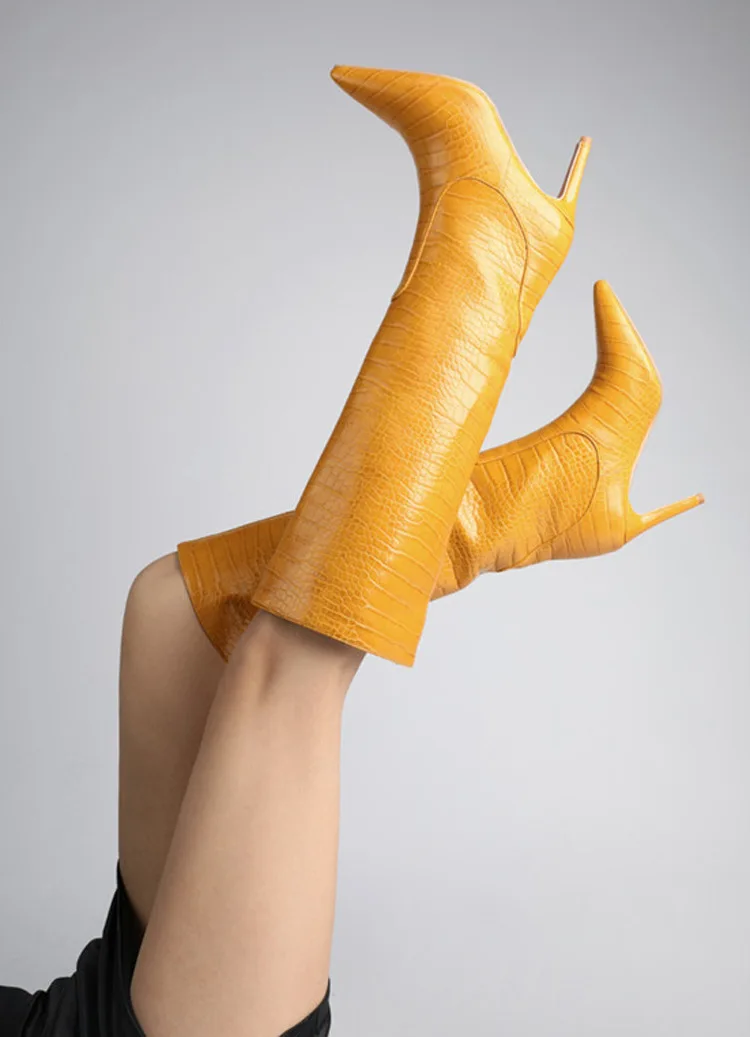 2022 New Arrival Latest Style Pointy Stiletto Knee High Heels Women Female Crocodile Casual Walking Thigh High Boots Shoes Pumps