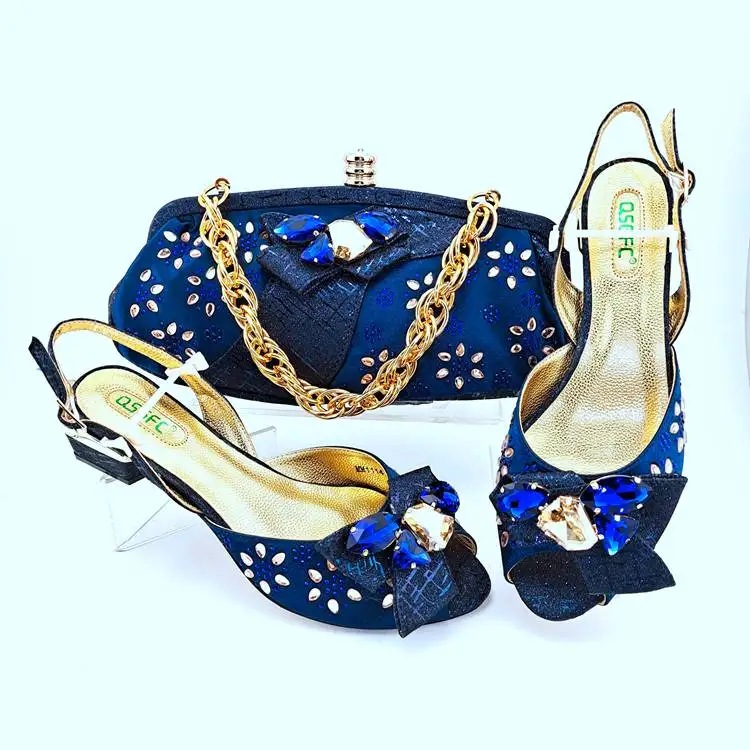 AB8644 Nigeria Gold Latest Low Heeled Shoes Italian and Bags Set for Weeding Party
