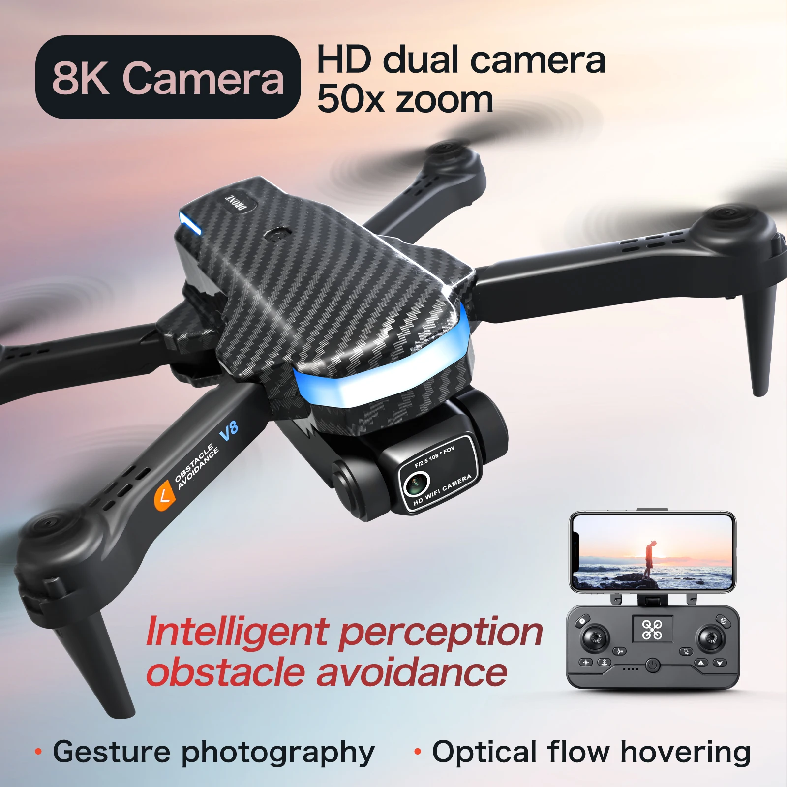 New Drone V8 Profession 4k Wide Angle Camera Wifi gps Fpv optical flow Height Keep smart Helicopter Toys Drone