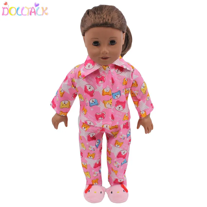 Dolltalk Hot Sale 18- Inch American Doll Accessories Yellow Beautiful  Bear Pattern Soft Pajama Set Doll Clothes
