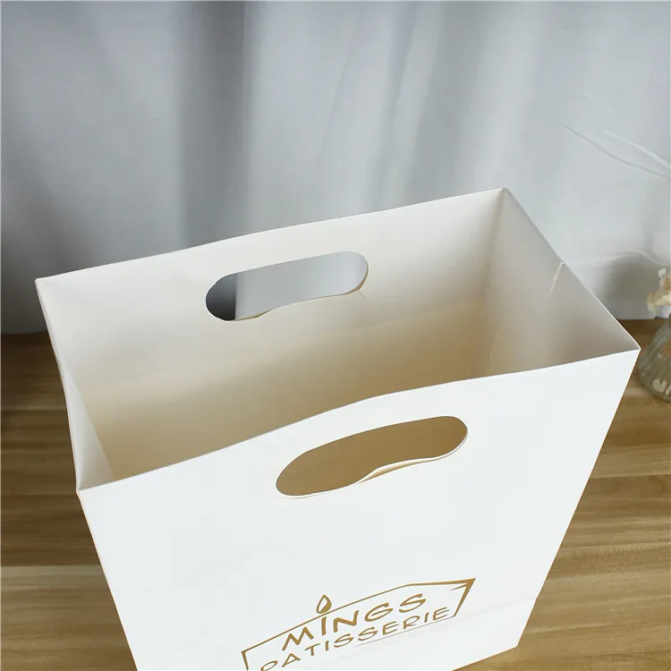 Custom Printing High Quality Heavy Duty Recycled White Brown Kraft Paper Food Packaging Die Cut Handle Takeaway Paper Bag
