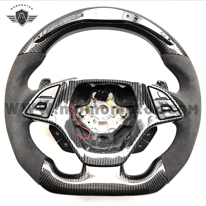 CUSTOM CARBON FIBER RACING CAR  Alcaintara  LED FOR Chevy Chevrolet Camaro Corvette C7 Z06 Thick Red Ring Steering WHEEL