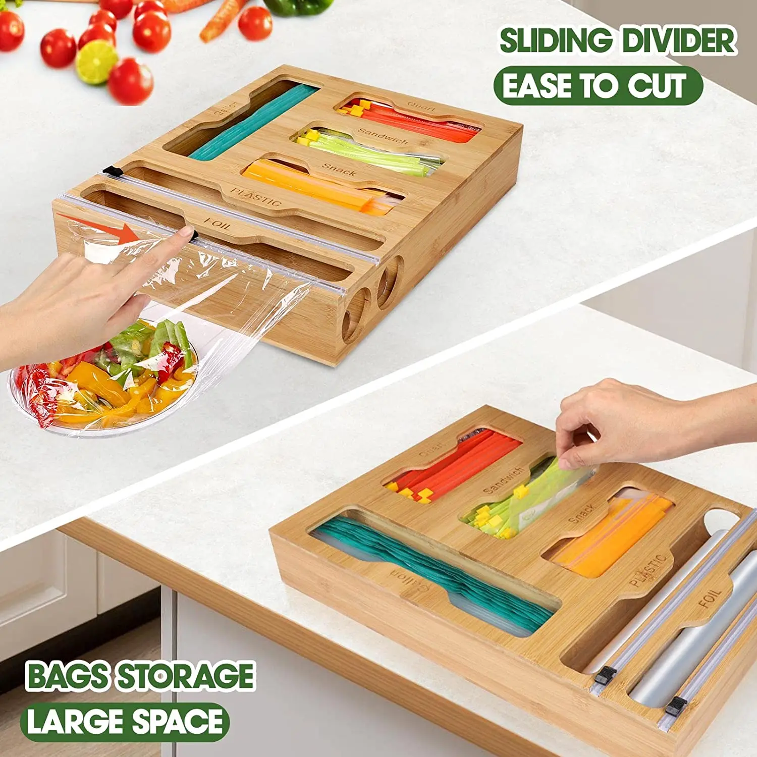 Customizable Kitchen 6 In1  Wooden Drawer With Plastic Foil Wrap Dispenser Holder Bamboo Ziplock Bag Organizer
