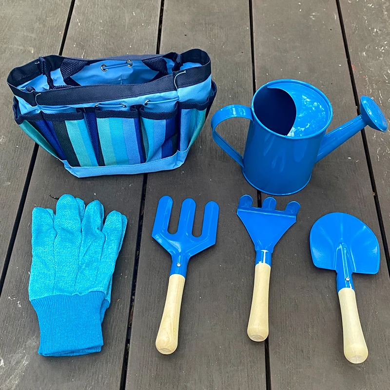 Home Gardening Mini Wooden Handle Carton Steel Kids Set Children Gardening Tools Set With Bag Beach Toys Rake Shovel Trowel Fork