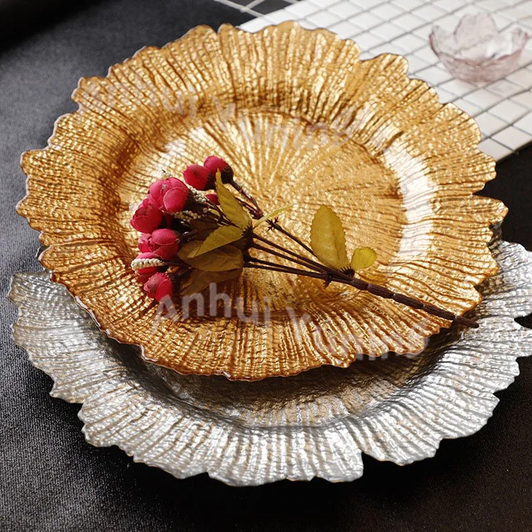 Wholesale Wedding Decorative under plate  Glass plate gold color Glass reef charger plate