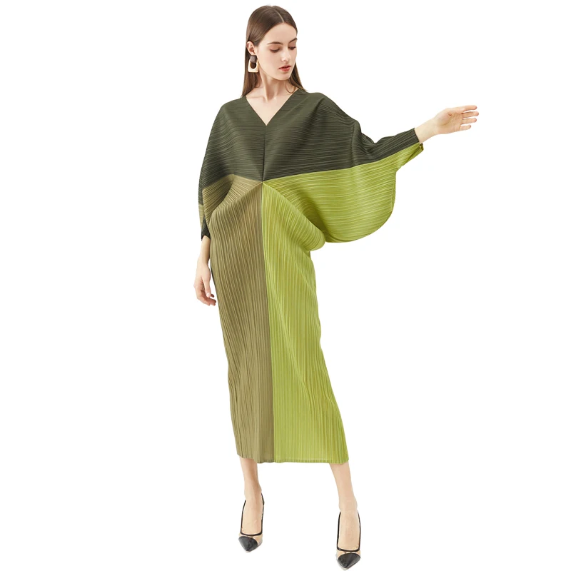 Женские плиссированные платья контрастных цветов с V-образным вырезом и длинными рукавами, 2021