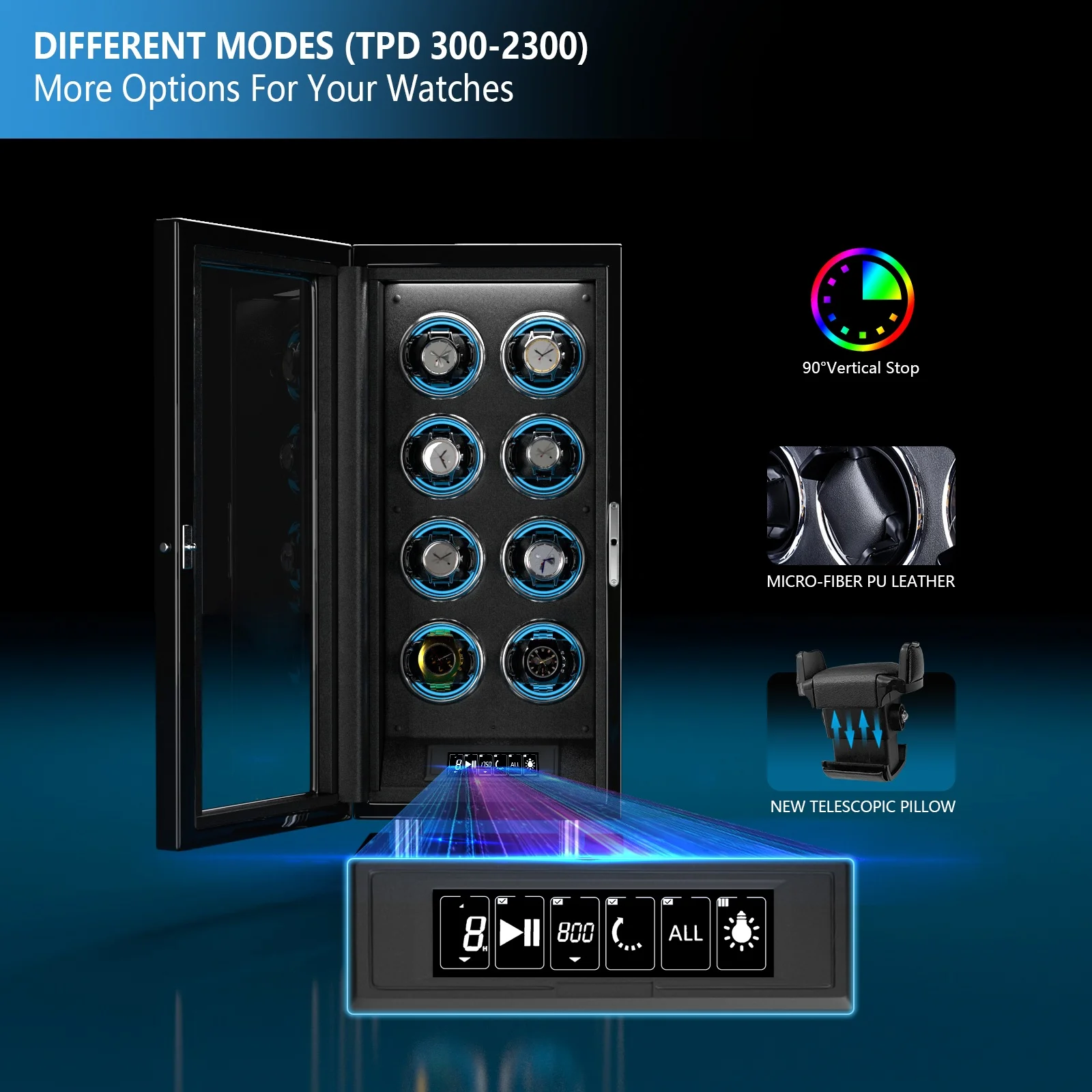 Deluxe Micro Fiber PU Leather Wood Automatic Watch Box TPD 300 to 2300 Auto Watch Wnder with 8 Slots