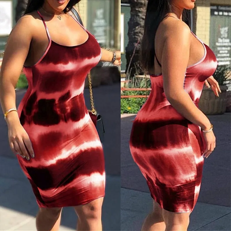 Spot Summer Plus Size Women Clothing Ladies Evening Club Party Slim Midi Dress Tie-Dye Round Neck Suspender Casual Dresses