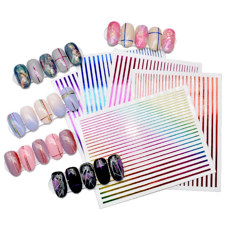 1 Sheet Gold Silver Stripe Lines Design Nail Stickers 3D Colorful Strip Tape Adhesive Nail Sticker Decoration DIY Nails Manicure