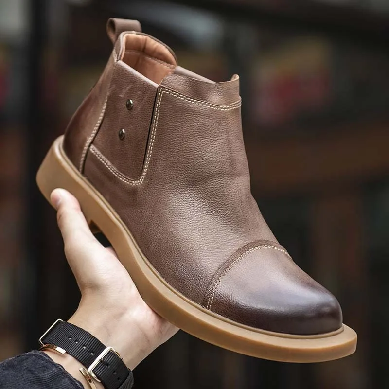 Top quality cowhide winter British short leather boots retro ankle boots slip on casual chelsea boots for men