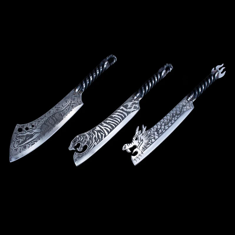Chinese Longquan Kitchen Knife Whole Forged Crocodile Bone Cutting Knife Tiger Hunting Wooden Knife