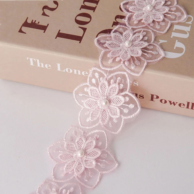 Wholesale Factory Custom Embroidery Flower With Rhinestones And Beads Embroidered White Chemical Lace Trim Lace  For Dresses