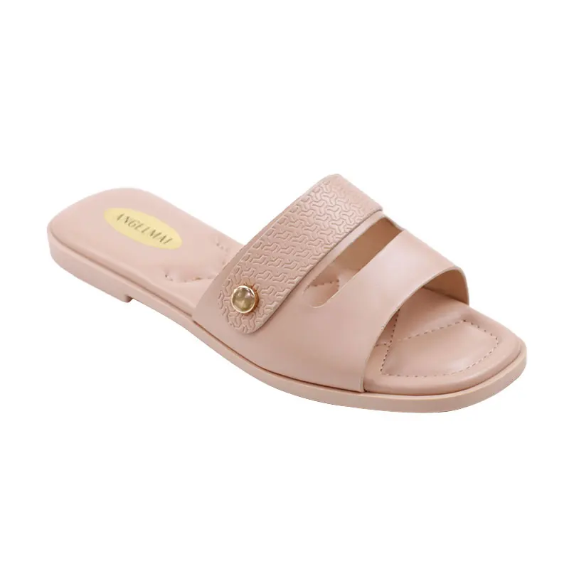 Wholesale Flat One-Word Woman Slippers Summer Double Bands Soft PU Beach Womens Stylish Sandal Shoe Cheap Ladies Slides Slippers