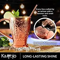 Moscow Mule Copper Mugs Handmade Embossed Set of 2 Pure Copper Cups 2 Straws Stir Sticks 20 Recipe E-book Wing Shung Exclusive