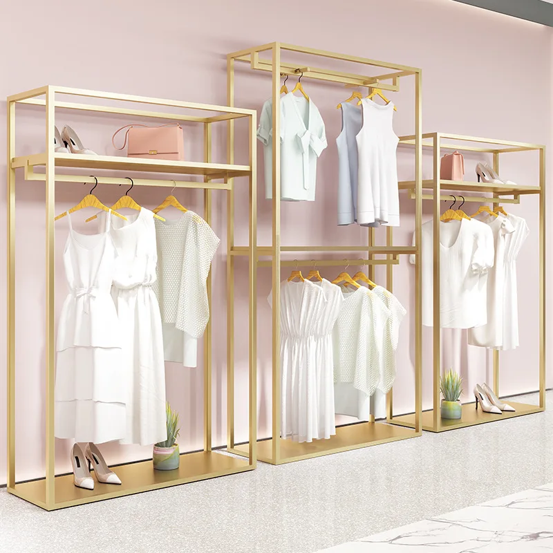 Kainice Shop Furniture Garment Display Women Clothing Shop Interior Design Furniture Designed gold clothing rack