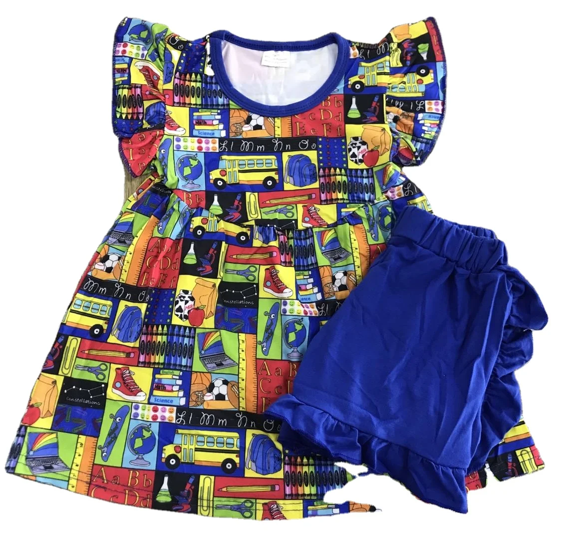 Summer Girls Color Short Sleeved Set Stationery Print Back to School Wholesale Outfit