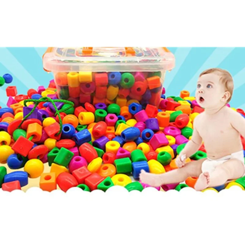 Small Lacing Beads for Kids Plastic Shapes Beads Colorful with Strings