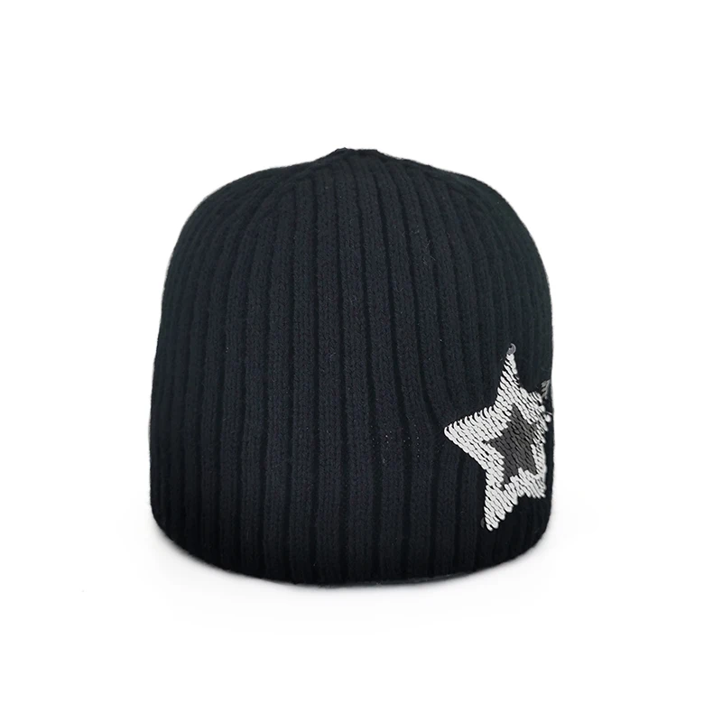 Оптовая продажа, индивидуальная зимняя шапка бини, двусторонняя модная акриловая вязаная шапка с блестками