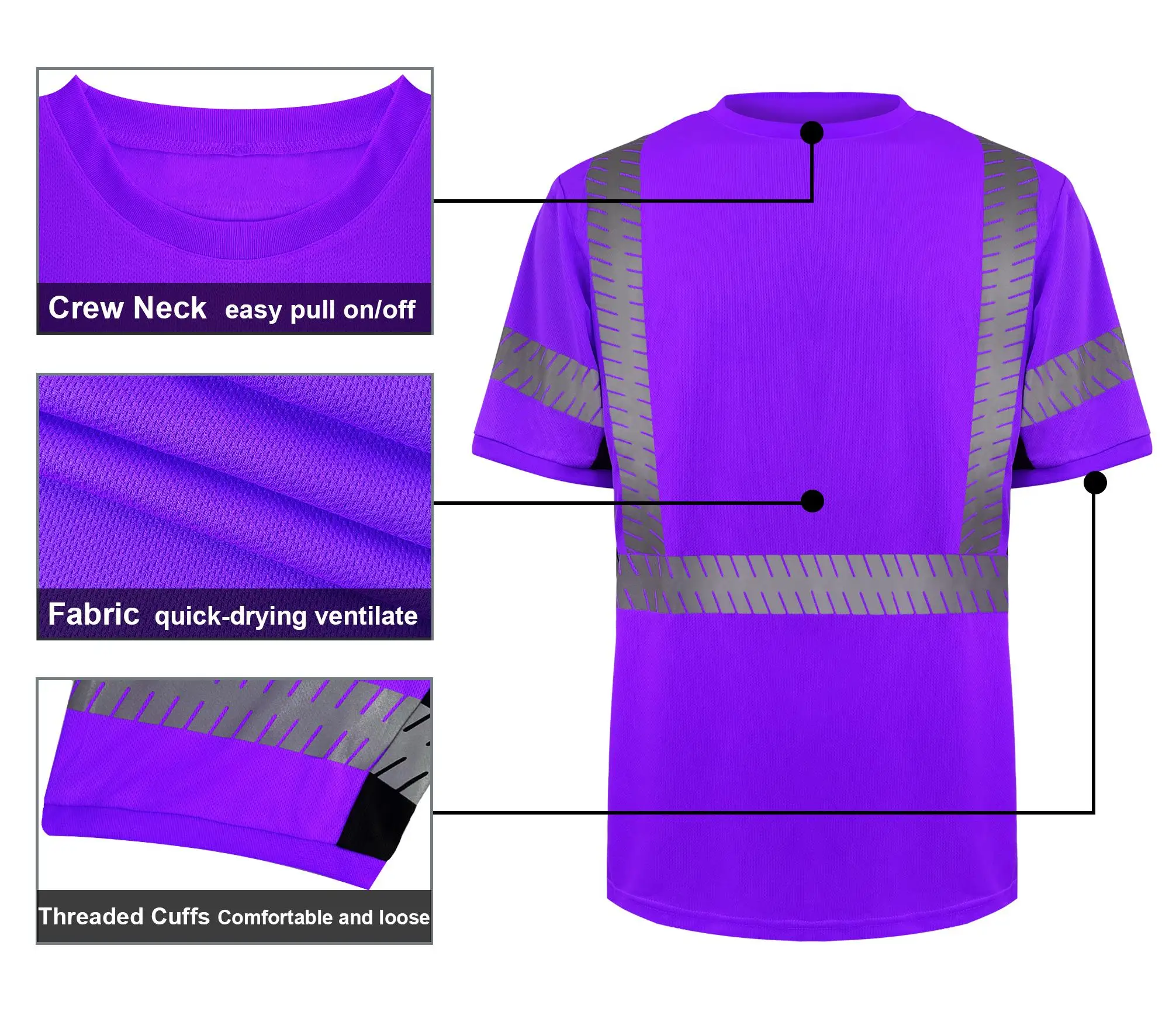 Best Seller high visibility heat transfer reflective tape Safety Shirt wholesale bird eye fabric violet Safety T Shirt