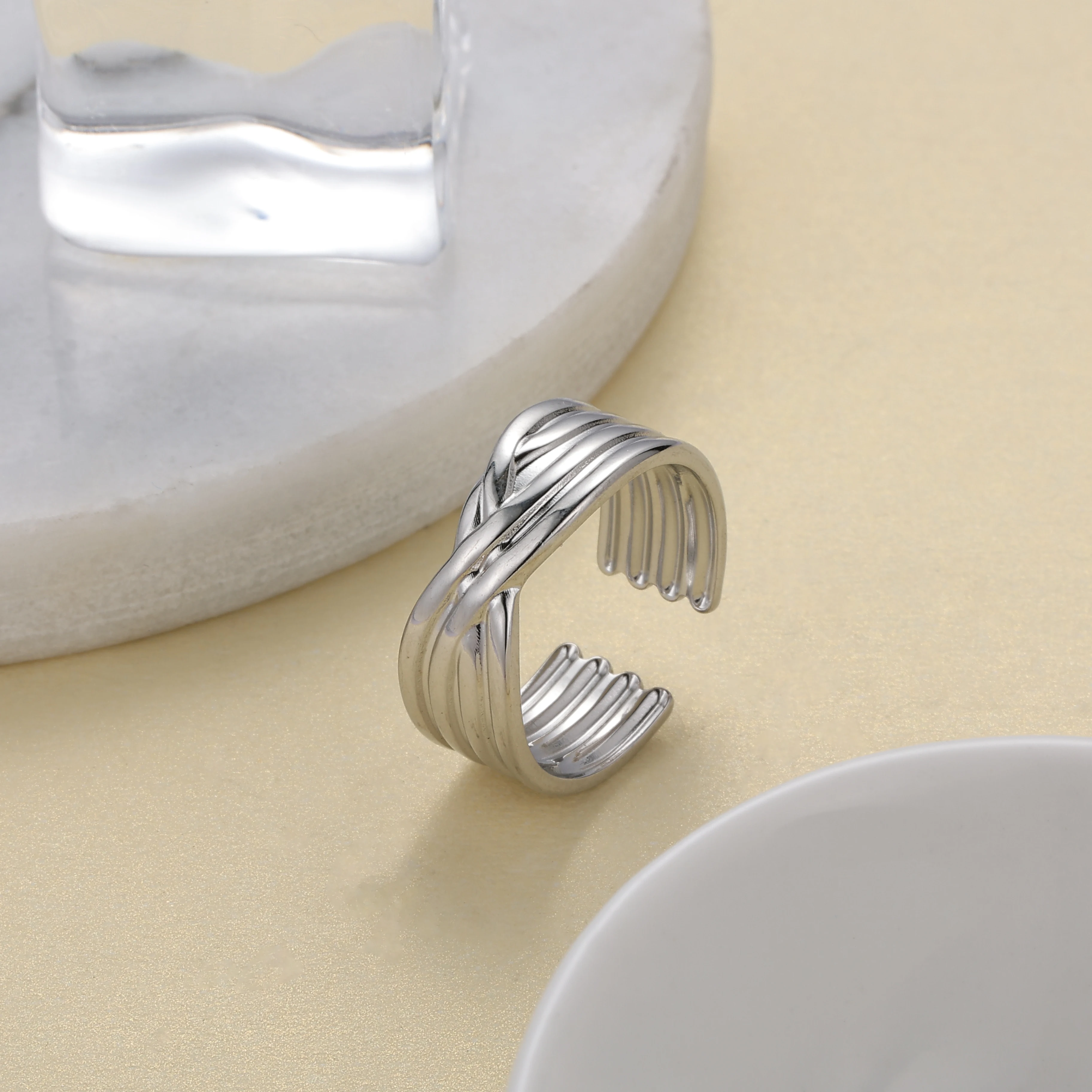 Креативное Брендовое бамбуковое плетеное Платиновое Гальваническое Открытое кольцо из нержавеющей стали для женщин