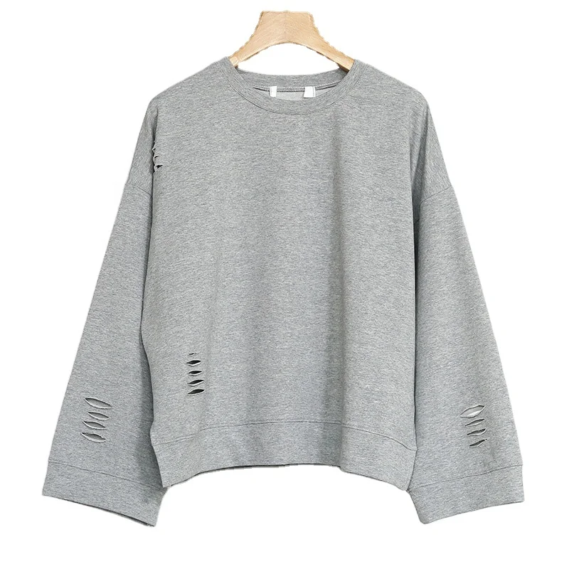 New Fashion French Terry Hollow Crewneck Custom Oversized Plain Hoodie Retro Ripped Pullover Olive Green Sweatshirt for Women