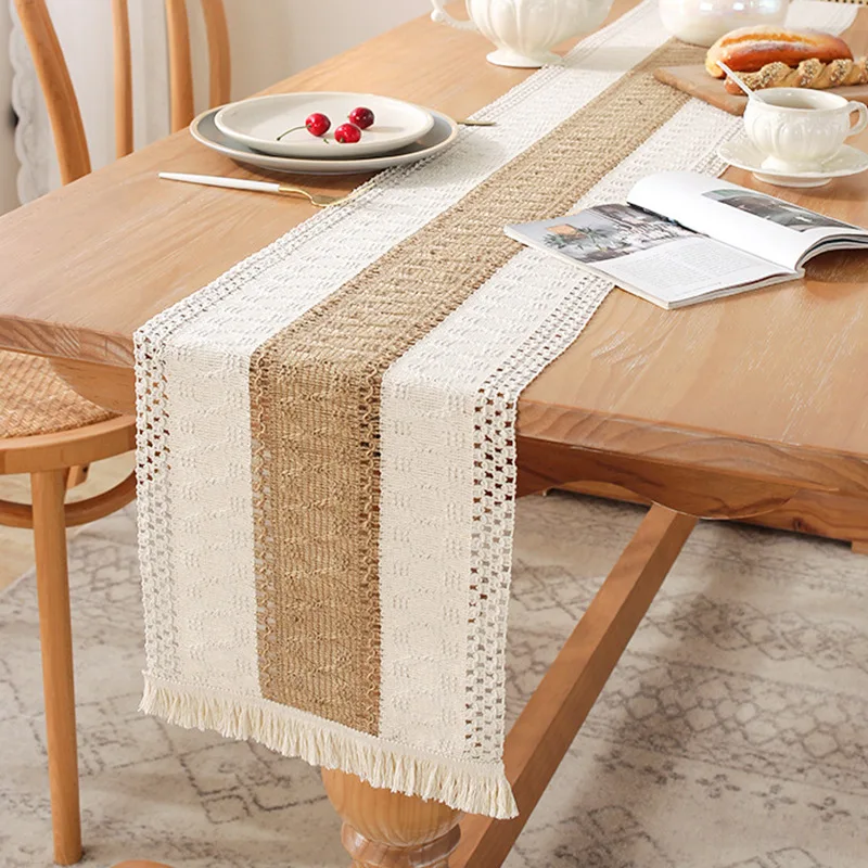 Special offer AMZ hot sale Bohemian cotton linen natural rustic woven farmhouse macrame fringe splicing home decor table runner