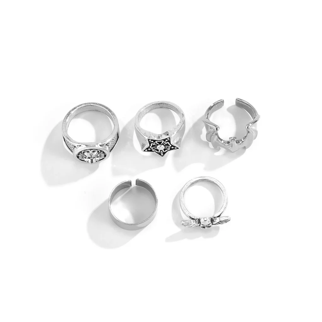 5Pcs/Set Gothic Skeleton Skull Bats Wing Rings Set for Men Punk Vintage Silver Color Star Rings Steampunk Jewelry