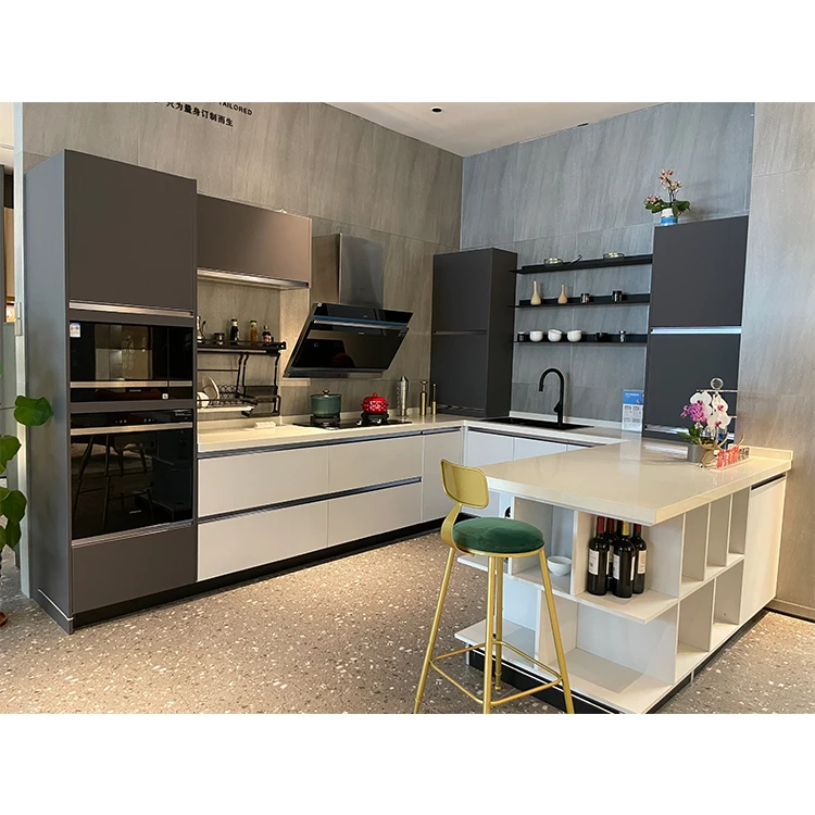 U-shape Home Kitchen Stainless Acrylic Lacquer PVC Membrane Solid Wood Melamine Cabinet High Gloss Kitchen Cabinets Design