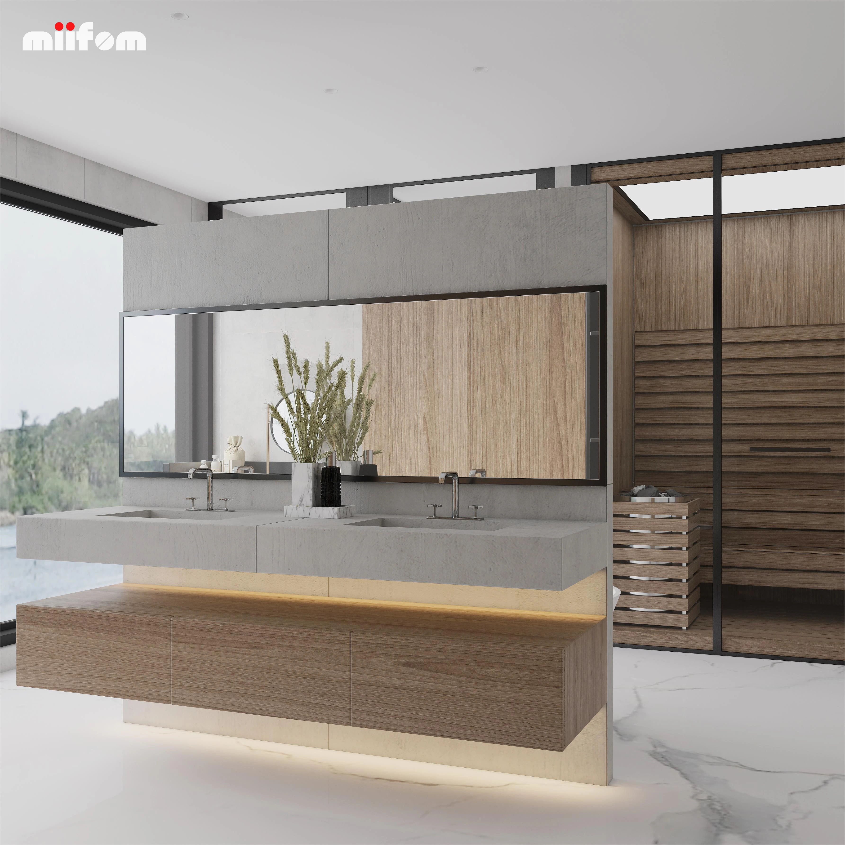 Minimalist Wood Grain Special Suspension Design Bathroom Wall Cabinet with Thick Countertops
